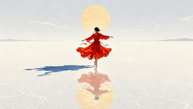 Woman dancing in a flowing red dress before the sun on reflective salt flats, perfect for freedom, feminine energy, self-expression, surreal celebration, movement, and spiritual awakening searches
