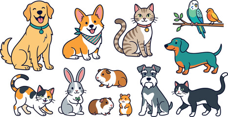 Obraz premium Collection of cute cartoon pet animals including dogs cats rabbits birds hamster and guinea pig isolated on white