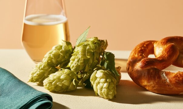 Beer, hops, and pretzel arranged together on textured surface