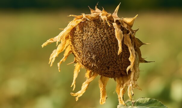 Close-up of a dried sunflower head with drooping petals and visible seeds