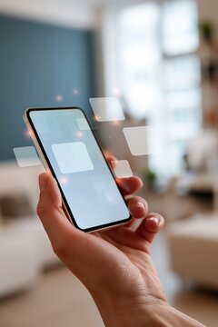Remote worker holding smartphone with floating digital message notifications