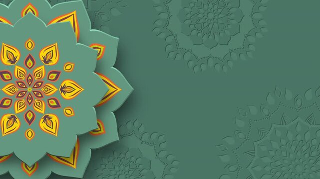 Rotating Indian Rangoli with copy space. Diwali festival of lights. Green color background. 4K loop video animation.