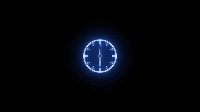 Glowing blue neon clock face rotating on a black background