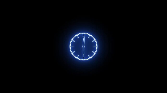 Glowing blue neon clock face rotating on a dark background