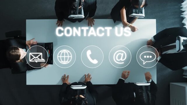 A professional team engages in virtual reality technology, enhancing communication and collaboration at a modern office conference table with contact icons. Raster