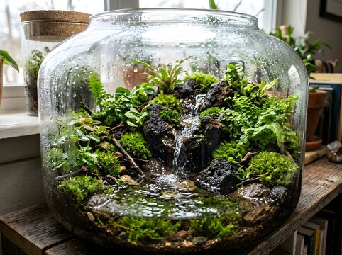 Glass terrarium with lush green moss, ferns, and cascading waterfall in miniature rainforest ecosystem
