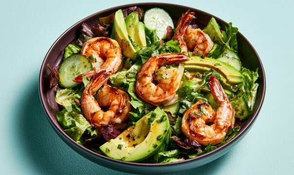 Crisp salad with cooked shrimp, avocado, and cucumber on mixed greens