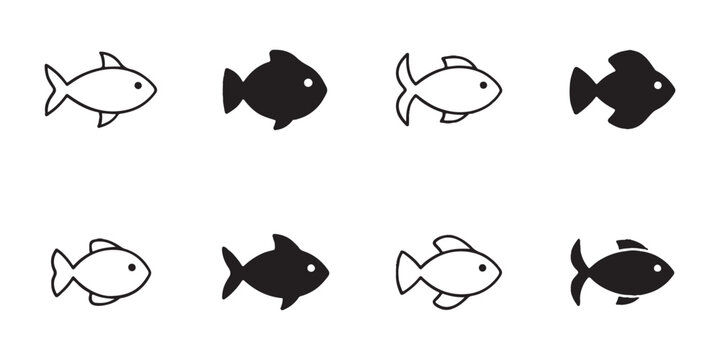 minimalist fish icon set with outline and filled styles on transparent background.