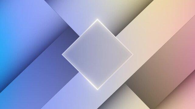 Glassmorphic rhombus frame with glowing edges on colorful background. Abstract geometric banner animation.