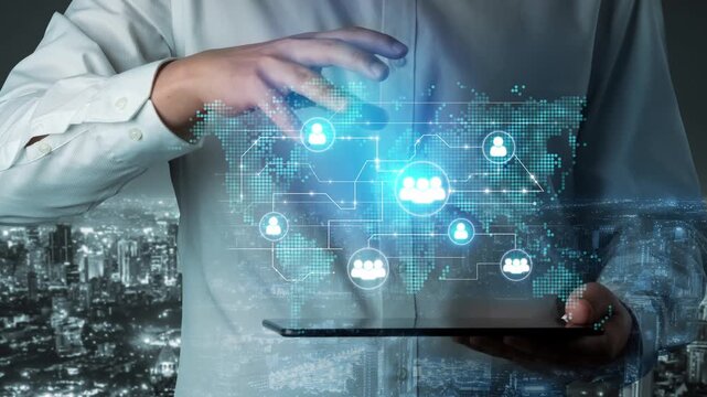 Businessman Interacting with Digital Network Interface on Tablet Against Cityscape Background at Night with Virtual Connection Icons and Data Visualization. Entropy.