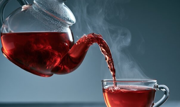 Glass teapot pours steaming red tea into matching cup