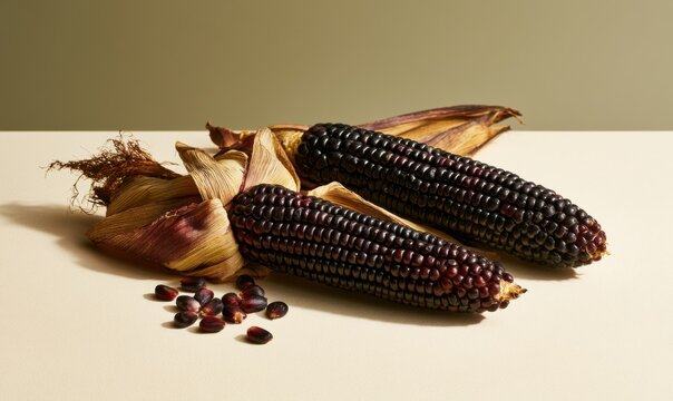 Close-up of two dried purple corn cobs, husks peeled back