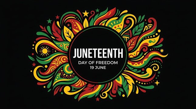 Juneteenth celebration graphic with colorful abstract floral patterns and bold typography on a black background