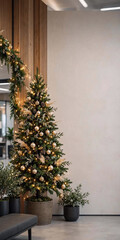 Fototapeta premium Elegant Christmas Tree with Golden Ornaments and Warm Lights in Modern Interior