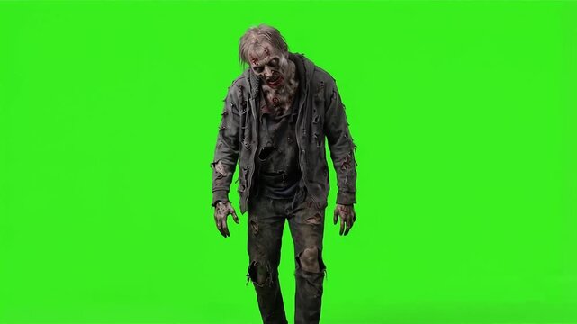 Walking zombie man in tattered clothes on a green screen background, chroma key