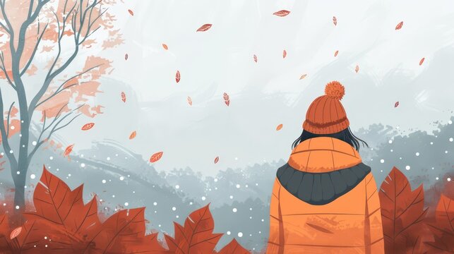 Person in orange coat looking at misty autumn landscape with falling leaves for seasonal depression awareness banner background. Copy space. Autumn melancholy. Seasonal affective disorder (SAD)