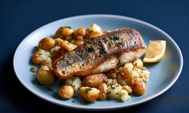 Delicious grilled sole with roasted potatoes and fresh lemon on white plate
