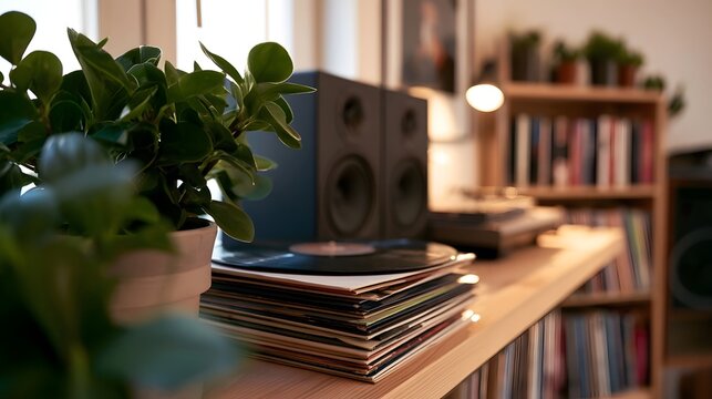 A stack of vinyl records sits on a wooden shelf beside a potted plant and speakers in a cozy room