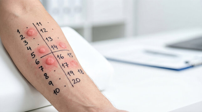 Man arm with skin allergy test grid and reaction bumps. Dermatological examination for allergen identification in medical clinic. Diagnostic healthcare procedure for sensitivity analysis.