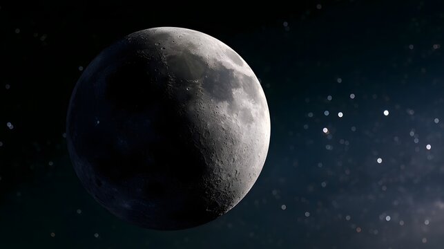 A detailed view of the moon s cratered surface illuminated against a star filled night sky with deep space background