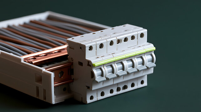 Close-up view of electrical circuit breaker panel module with internal copper busbars and wiring components on dark green background space