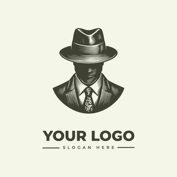 Vintage style detective character logo design with fedora hat and suit.