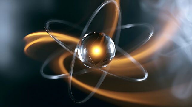 A stylized atomic model with glowing nucleus and orbiting rings against a dark abstract background with motion blur effects