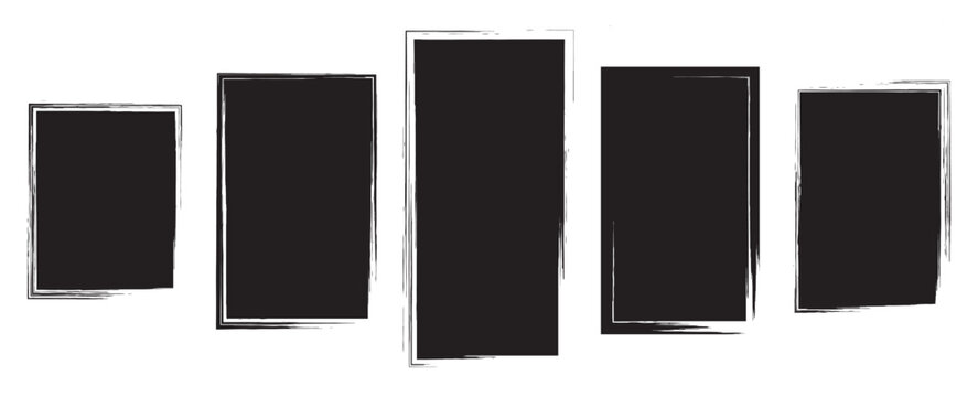 Set of rectangular grunge template backgrounds. Black square shapes with ripped jagged borders on white background. Vintage grunge boxes for collage, text,Straight line vector, banner, sticker design.