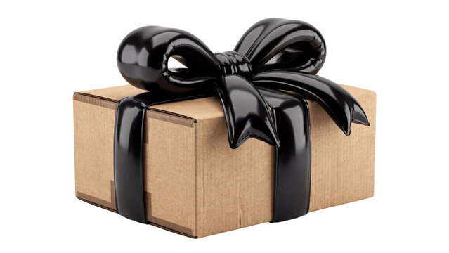 Kraft parcel box with black bow isolated PNG on transparent background