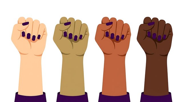 Diverse raised fists with purple nail polish representing unity and social equality in a flat illustration style