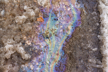 Obraz premium Iridescent oil slick flowing on melting dirty snow on a spring road, chemical pollution mixing with puddles, vibrant rainbow patterns reflecting on the wet ground surface