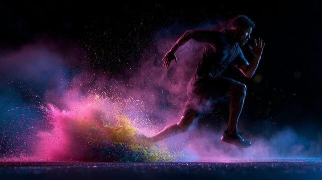 Male Sprinter Running with Colorful Powder Explosion