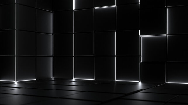 Dark Futuristic Geometric Cube Room with Glowing Neon Edges