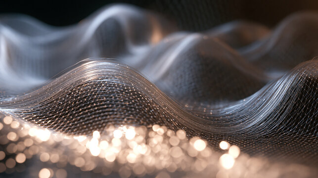 Abstract Digital Wireframe Waves with Glowing Data Particles