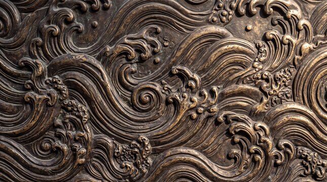 Bronze Relief Carving with Traditional Ocean Waves Pattern