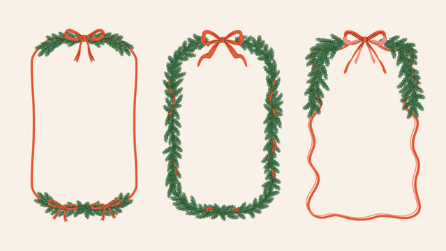 Set of festive Christmas frames with evergreen pine branches and red bows on a warm beige background. Holiday templates for cards, invitations, posters, social media and seasonal branding.