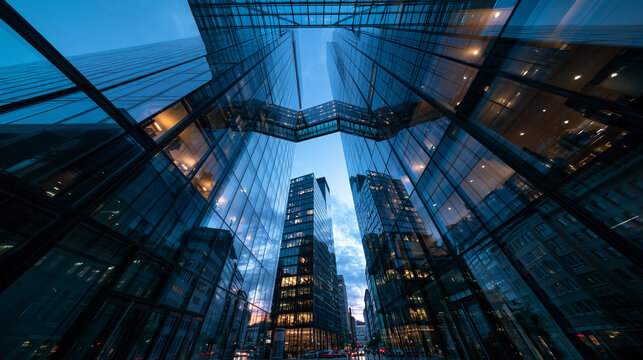 Modern Glass Skyscraper Office Buildings at Twilight