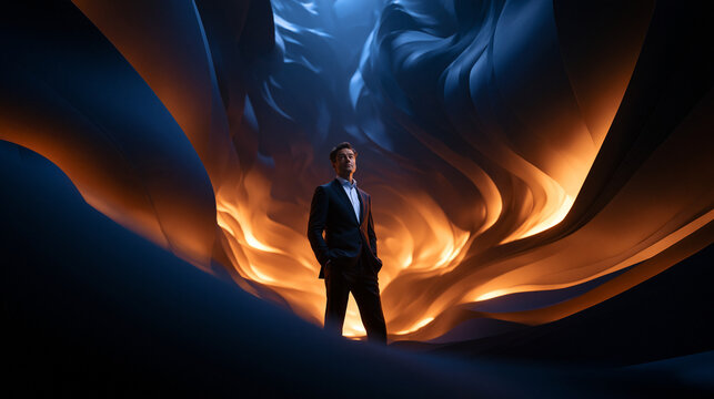 Visionary Businessman Standing in Glowing Abstract Dynamic Space