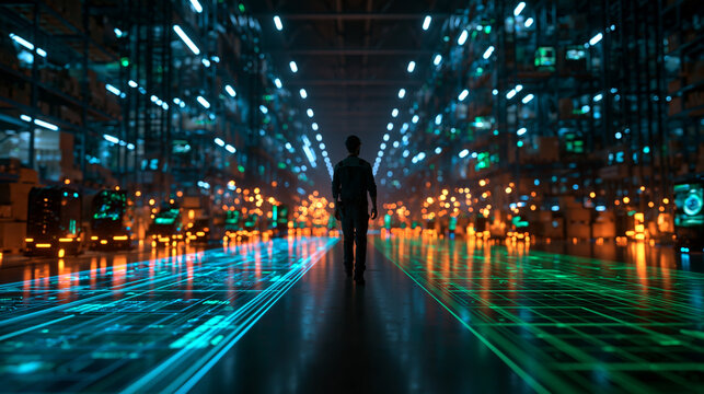 Engineer Walking in Futuristic Automated Smart Warehouse