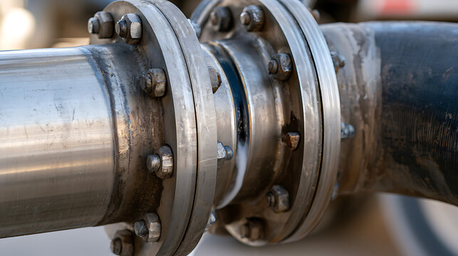 Industrial metal pipe connection with heavy duty steel flanges and secured bolts in an engineering factory plant setting for heavy machinery
