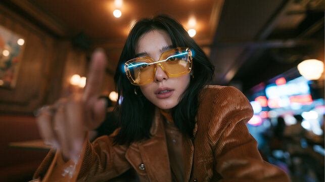 Stylish Young Woman Wearing Glowing Smart Glasses Indoors