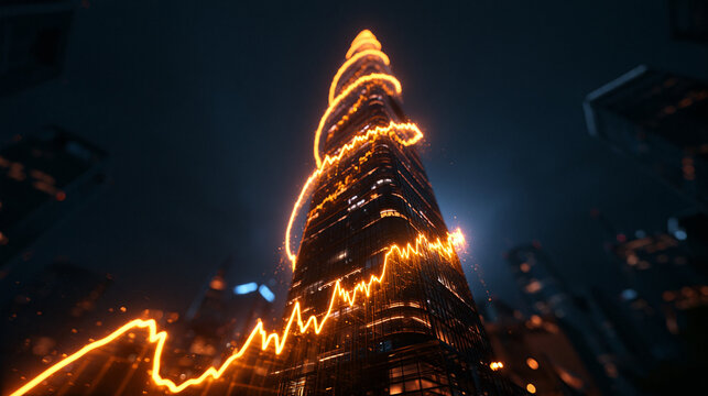 Glowing Financial Stock Market Graph Wrapping Modern Skyscraper at Night