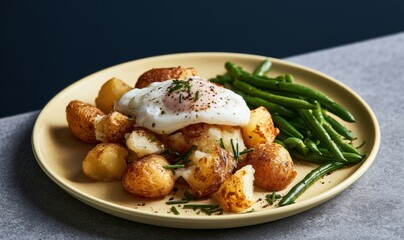 Fototapeta premium Delicious breakfast featuring poached egg, roasted potatoes