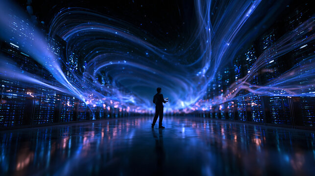 IT Specialist in Futuristic Data Center with Flowing Digital Streams