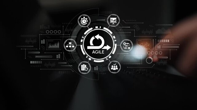 Abstract representation of Agile methodology with visual elements showcasing cycle, charts, graphs, timer, and data, emphasizing modern project management concepts and digital transformation. Entropy.