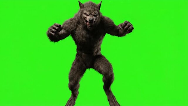 Fierce werewolf creature on a green screen background, chroma key