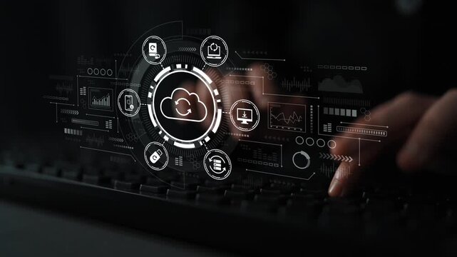 Modern Digital Cloud Computing Technology Concept with Cloud Symbols and Data Visualization on Keyboard Background. Entropy.