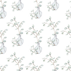 Seamless watercolor pattern with eucalyptus branches in clear glass vases. Sage green leaves on brown stems. Botanical design for wedding, fabric, wallpaper, and textile prints. On white background © Oksana