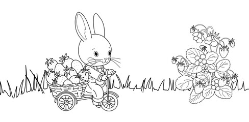 Fototapeta premium Coloring book page with cute bunny riding tricycle with strawberry basket. Line art vector illustration with garden plants, grass. For kids, educational materials, summer, harvested themes.