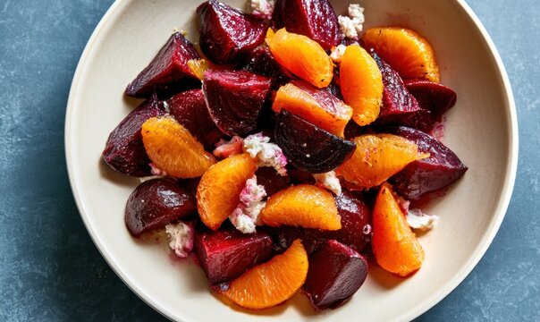 Close-up of colorful salad with beets and oranges on blue surface
